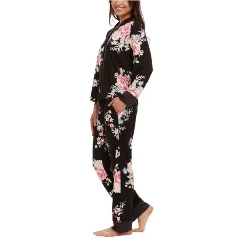 Flora Nikrooz Pajama Set Women Size XL Satin Trim Notch Collar Black Floral NWT - Picture 2 of 7
